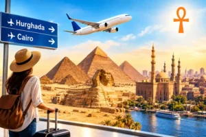 Domestic flight from Hurghada to Cairo – EgyptAir or Air Cairo aircraft at Hurghada Airport